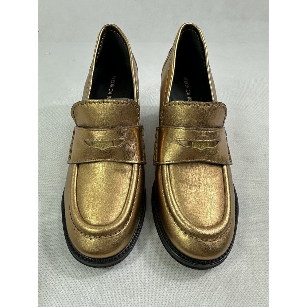 Veronica Beard Metallic Penny Loafer Block Heel Dark Gold Leather Womens 7